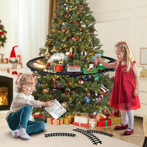 Miniatura 8 de Juego de tren de Navidad – Juguetes de tren colgante alrededor/debajo del árbol de Navidad con humo, silbato (encender/apagar) y luces, decoración