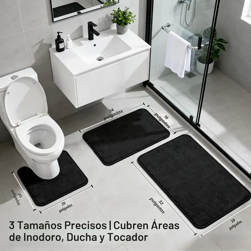 Miniatura 2 de Juego de alfombras de baño negros de espuma viscoelástica de 3 piezas con tapetes para inodoro, suaves y de apoyo, absorbentes de impactos