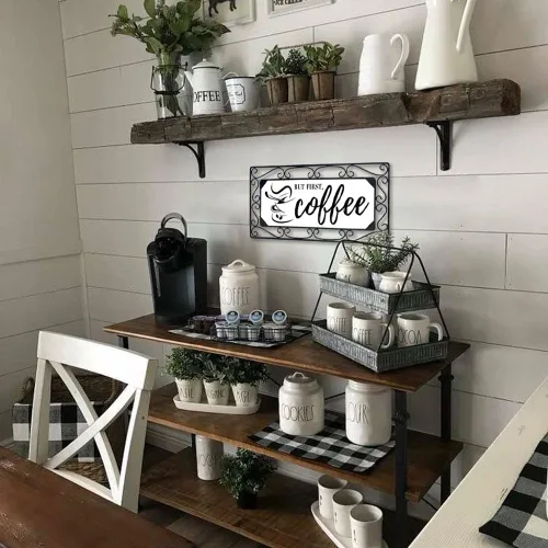 Miniatura 6 de Letrero de café, arte de pared de metal para bar, decoración de cocina y oficina con cita "But First Coffee", letrero para el hogar estilo café, 16