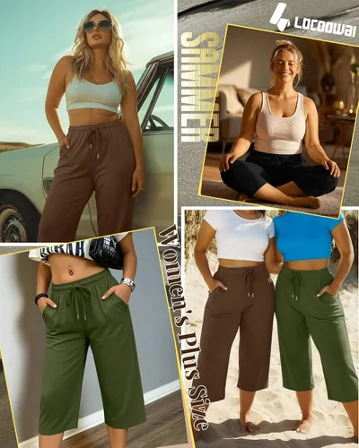 Miniatura 2 de Paquete de 3 pantalones capri de talla grande para mujer, ajuste holgado, pierna ancha, pantalones recortados para yoga, descanso, entrenamiento