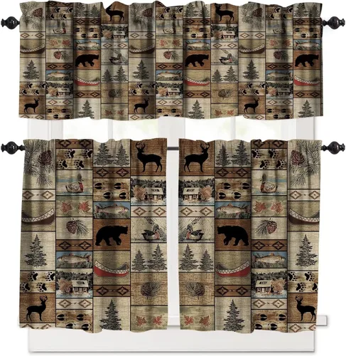 Cenefas rústicas de cocina para ventanas, estilo retro, granja, vintage, rústico, alce, ciervo, oso, pino, alce, alce, cortinero con bolsillo para