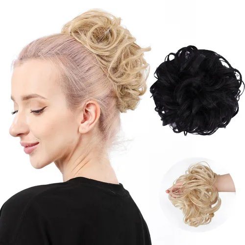 Miniatura 19 de Moño de cabello despeinado castaño, moños desordenados falsos sintéticos, moño rizado, moño recogido y moño, extensiones de cabello envolvente