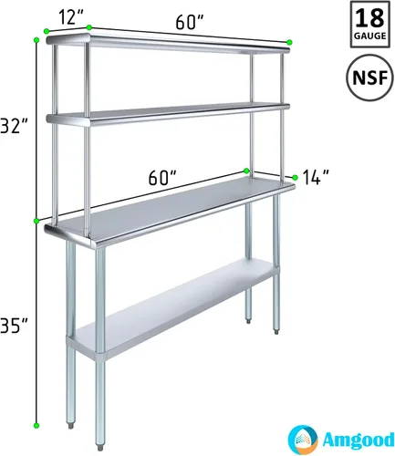 Miniatura 3 de Amgood Mesa de trabajo de acero inoxidable con estante ancho de doble nivel NSF Combo de mesa de preparación de cocina de metal y estantería