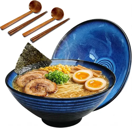 Miniatura 7 de NJCHARMS Juego de 2 cuencos de cerámica para ramen, cuencos de sopa de fideos japoneses de 42 onzas con cucharas y palillos para sopa de ramen