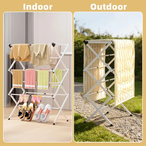 Miniatura 3 de BAKON Estante de secado de ropa plegable que ahorra espacio, extensible a prueba de óxido para uso en interiores y exteriores, no requiere montaje