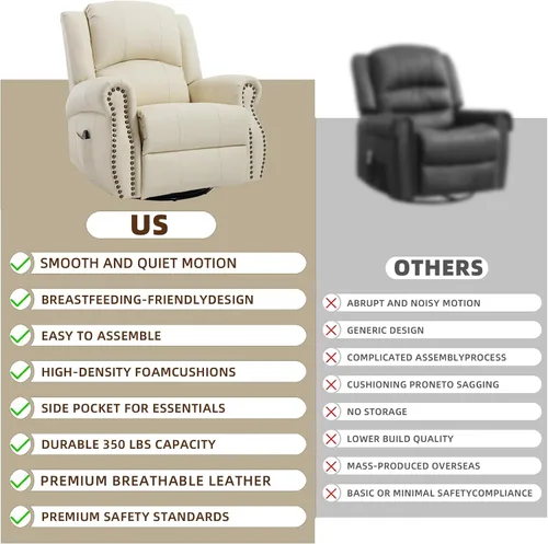 Miniatura 6 de PELUMY Silla reclinable giratoria de cuero transpirable para adultos, balancín giratorio de 360° con masaje térmico y vibratorio, silla de descanso