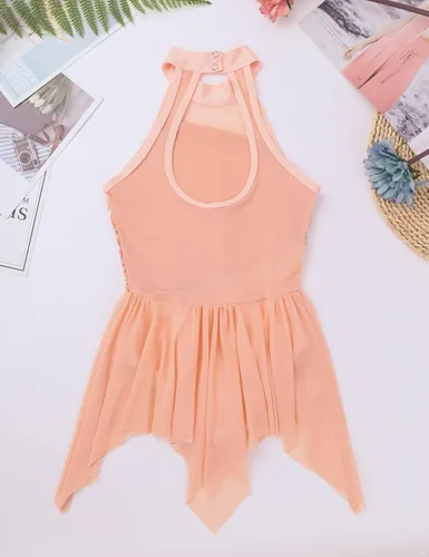 Miniatura 8 de YiZYiF Vestido de baile de lentejuelas para niños y niñas, leotardo de ballet, cuello alto, vestido lírico, traje de rendimiento irregular