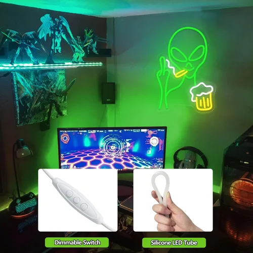 Miniatura 4 de Letrero de neón de alienígena verde, luz de neón de alienígena para barra de cerveza para decoración de pared, luces LED regulables para dormitorio
