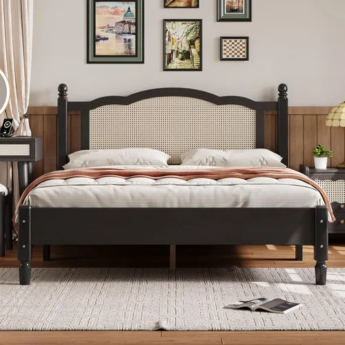 Cama de plataforma de madera tamaño Queen con cabecera de ratán natural, marco de cama vintage con soporte de listones de madera, color negro