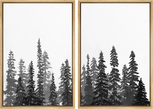 Miniatura 80 de SIGNWIN Lienzo enmarcado para pared, juego de arte con anillos de árbol de bosque grunge en blanco y negro, ilustraciones de naturaleza silvestre