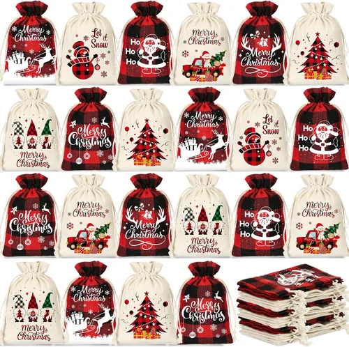 Huhumy 36 bolsas pequeñas de regalo de Navidad a granel con asas a cuadros para fiesta, mini bolsas de dulces, bolsas de joyería a cuadros negros y