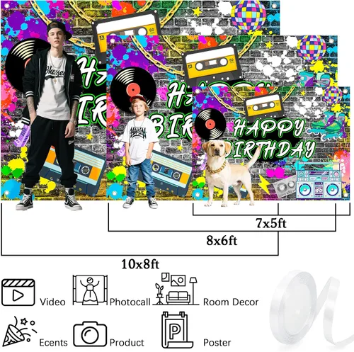 Miniatura 2 de Fondo de hip hop de 10 x 8 pies, retro de los años 80 y 90, accesorios para fotos de cumpleaños de los años 80 y 90, decoración de fondo de pared