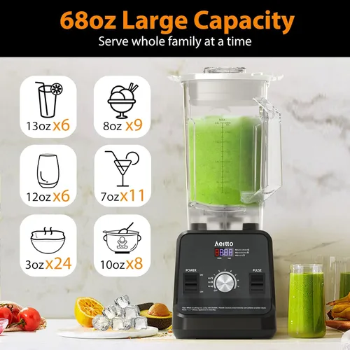 Miniatura 5 de Aeitto Licuadora para cocina, licuadora profesional de gran capacidad de 68 onzas, licuadora de batidos de 1500 vatios para triturar hielo, bebidas