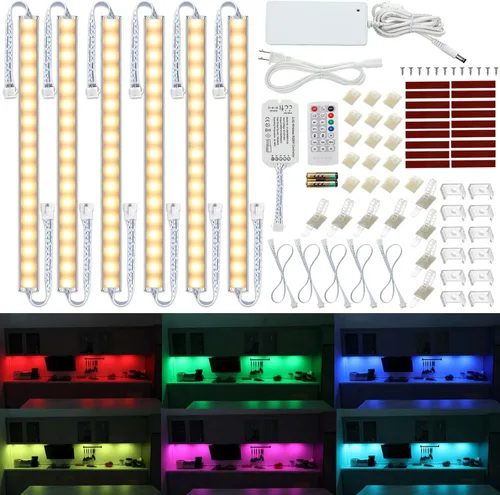 Litever Kit de iluminación LED para debajo del gabinete. Color RGB y luz blanca cálida brillante. Barras de luz LED enlazables delgadas con