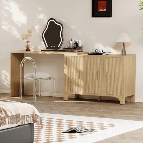 Miniatura 8 de Gabinete de buffet acanalado moderno de mediados de siglo con almacenamiento, aparador decorativo y armario de almacenamiento de credenza con Roble