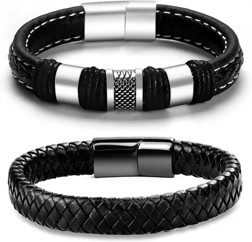 LOWNOUR Pulseras para hombres, hechas a mano, de cuero, para hombres, trenzadas, negras, regalos para hombres, cuero y acero, 8.5 pulgadas, Cuero,