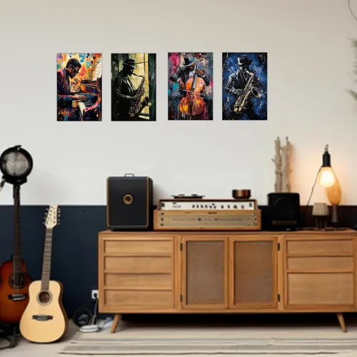 Miniatura 4 de SWQYLB Arte de pared de música negra, arte abstracto de jazz, pintura afroamericana, lienzo, instrumentos musicales, imágenes, aula, música, Negro