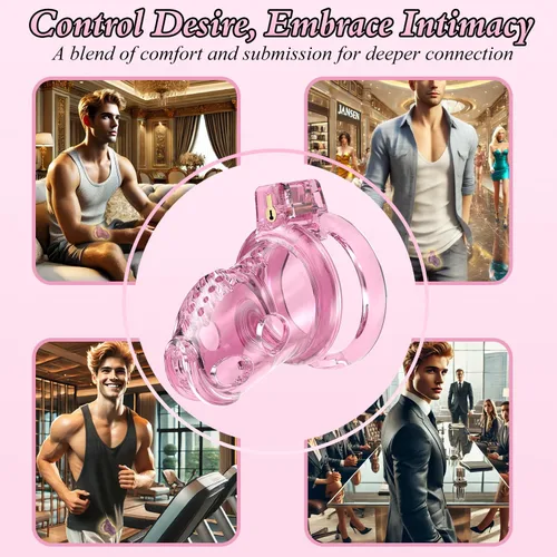 Miniatura 4 de Jaula de castidad masculina – Jaula de pene rosa ligera con parte delantera de plástico suave y anillos de 6 tamaños, cómodo dispositivo de castidad