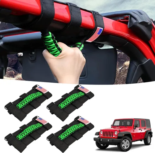 GAIZON Paquete de 4 asas de agarre de barra enrollable con patrón de bandera de EE. UU. de paracord, reemplazo para Jeep Wrangler YJ TJ JK JL, Verde