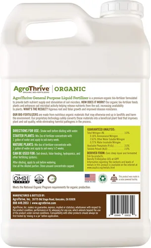 Miniatura 2 de AgroThrive Fertilizante líquido orgánico multiusos - 3-3-2 NPK (ATGP1320) (2.5 galones) para césped, verduras, invernaderos, hierbas y todo lo demás