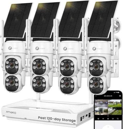 XMARTO QHD Sistema de cámara de seguridad solar sin cables inalámbrico para exteriores/interiores, seguimiento PTZ AI, kit de vigilancia DVR WiFi 6