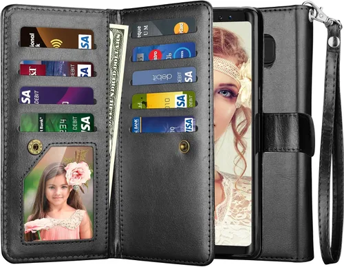 NJJEX Funda para Galaxy Note 8, para Note 8, piel sintética [9 ranuras para tarjetas] Funda con tapa para tarjeta de crédito de identificación Negro