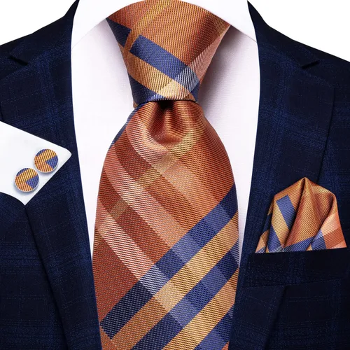 Miniatura 199 de Hi-Tie Corbata clásica de cachemira para hombre con pañuelo y gemelos a cuadros
