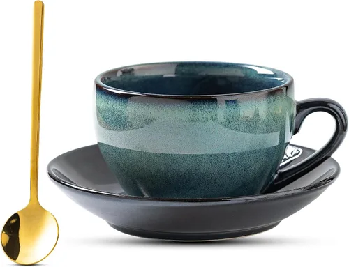 Miniatura 11 de Taza de Cerámica para Arte Latte con Platillo - 10 oz, Fondo Redondo para Vertidos Perfectos - Tazas de Café para Capuchino, Espresso, Café, Té