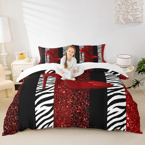 Miniatura 39 de Juego de funda de edredón para niños, tamaño individual, diseño de cebra y leopardo con purpurina, decoración de habitación para niñas y mujeres