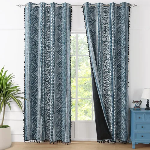 Miniatura 14 de ColorBird Cortinas Opacas Amarillas Bohemias 2 Paneles 84 Pulgadas de Largo Aislamiento Térmico Bohemio Azteca Tratamiento de Ventana Estampadas