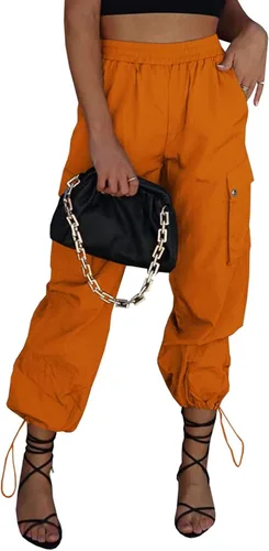 Miniatura 8 de Pantalones de paracaídas para mujer, cintura alta elástica, pantalones cargo Y2K holgados con 4 bolsillos