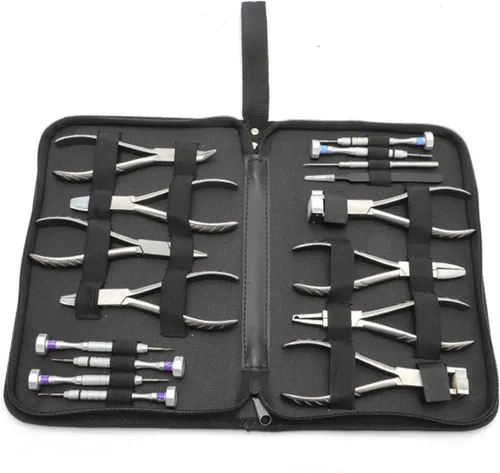 NICHOY Juego de 16 alicates de reparación de lentes de ojos, marco de gafas y almohadilla de nariz, con 8 alicates + 6 destornilladores + pinzas +