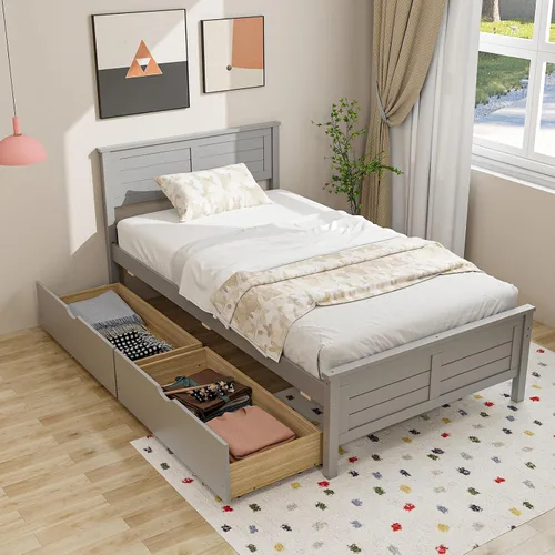 Miniatura 12 de Giantex Cama individual de madera con 2 cajones de almacenamiento, plataforma de madera maciza con cabecero, base de colchón de soporte de listones
