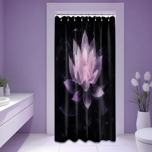 Miniatura 50 de Cortina de ducha con flores de loto negro y azul para decoración de baño, juego de cortinas decorativas de baño con estampado floral, tela