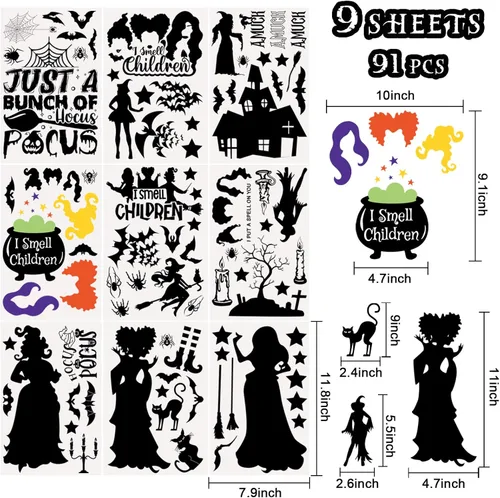 Miniatura 2 de Decoraciones de Hocus Pocus, calcomanías de ventana de Halloween, 9 hojas, 91 calcomanías de Hocus Pocus, calcomanías de silueta de ventana