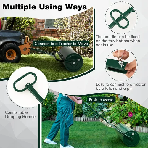 Miniatura 5 de Goplus Rodillo de césped de empuje/remolque, 17 galones/63L relleno de agua/arena con mango de agarre desmontable, 12 x 36 pulgadas, verde
