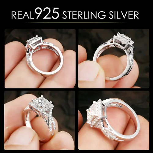Miniatura 4 de Moissanite 2CT Princess Cut Halo Split Shank Solitaire Rings,D VVS1 Lab Created Diamond Ring 18K White Gold Plated S925 Sterling Silver Band