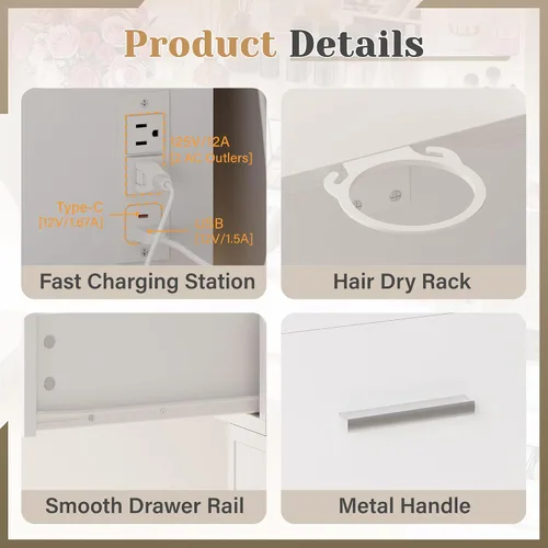 Miniatura 3 de YESHOMY Escritorio de maquillaje con espejo y luces, mesa de tocador con 5 cajones, 6 estantes, estación de carga para dormitorio, vestidor, blanco