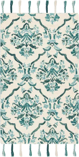 Miniatura 9 de SAFAVIEH Suzani Collection SZN205A - Alfombra de pasillo de lana con borlas de 2 pies 3 pulgadas x 8 pies, color marfil y turquesa