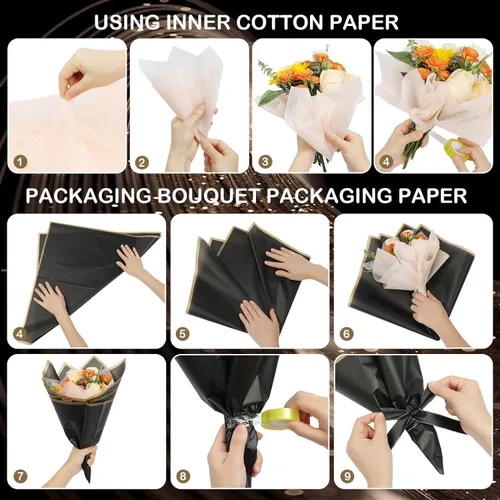 Miniatura 6 de FF Sgdfc 300 hojas de papel de regalo de flores con borde dorado, impermeable, ramo de embalaje, suministros de ramo de floristería para bodas