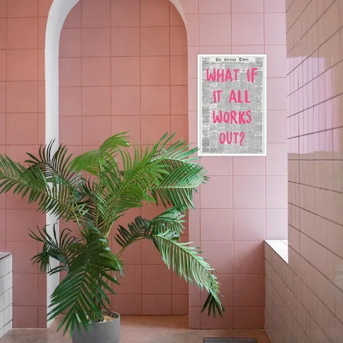 Miniatura 5 de Liyark Arte de pared retro moderno de periódico en lienzo - "¿Qué pasaría si todo sale bien" Frase de afirmación positiva - Fuente rosa - Decoración