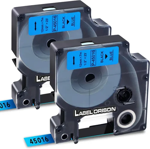 Paquete de 2 casetes de etiquetado compatibles con Dymo Standard D1 45016 negro sobre azul, 1/2 pulgadas x 23 pies (0.472 in x 23.0 ft), compatible