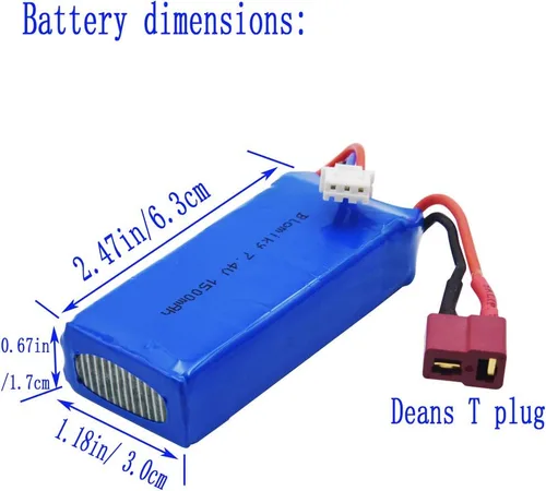 Miniatura 3 de Blomiky Paquete de 2 baterías recargables de 7.4 V 1500 mAh 40C Lipo 11.1 Wh enchufe T y cable USB adecuado para 9005E 300E 302E 9155 9156 y WLtoys
