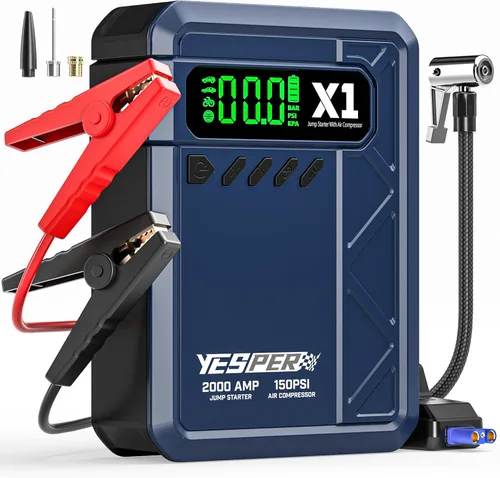 YESPER Arrancador con Compresor de Aire 2000A 150PSI Arrancador de Batería Portátil (8L Gas/6L Diésel), Cargador de Batería de 12V Paquete de