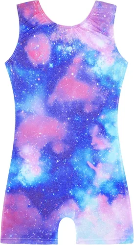 Miniatura 14 de HOZIY - Leotardos de gimnasia con pantalones cortos brillantes para niñas pequeñas; estampados de unicornio, aurora, arco iris, sirena, dinosaurio