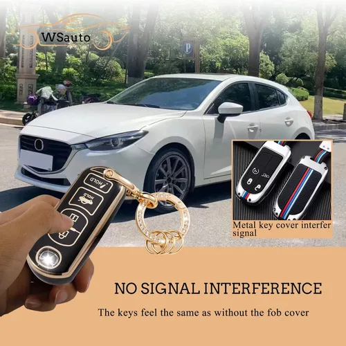 Miniatura 3 de Funda suave para llavero Mazda de 3 4 botones, protección de poliuretano termoplástico (TPU), con llavero brillante dorado de moda, compatible