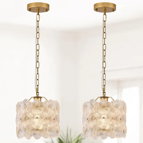 Miniatura 20 de Lámpara colgante de cristal dorado, paquete de 1 lámpara colgante de techo pequeña con flores modernas, 1 luz para cocina, isla, fregadero, comedor