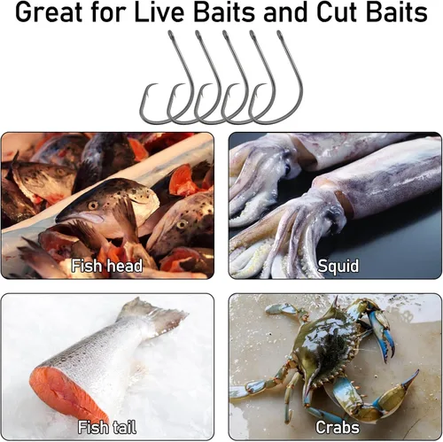 Miniatura 7 de Dr.Fish Paquete de 100 ganchos circulares ligeros para pesca de agua dulce y salada, anzuelos de pesca de cebo vivo de gran hueco, pesca de cebo