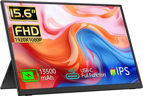 Monitor portátil de 15.6 pulgadas FHD 1080p con batería integrada de 13500 mAh, soporte y altavoces, monitor de viaje externo HDMI USB C para