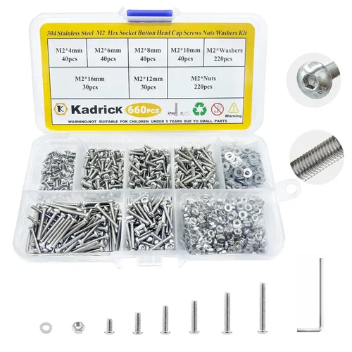 Miniatura 19 de Kadrick 1230 piezas de tornillos de acero inoxidable 304, surtido métrico M2 M3 M4 M5, kit de pernos de cabeza hexagonal de botón de 4mm-20mm